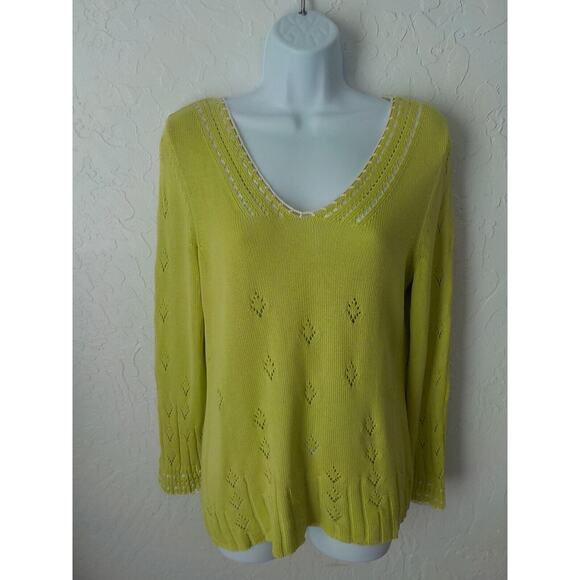 Sigrid Olsen Green Silk Knit V-Neck Sweater Crochet n Ribbon Accent Women Small - Picture 5 of 12